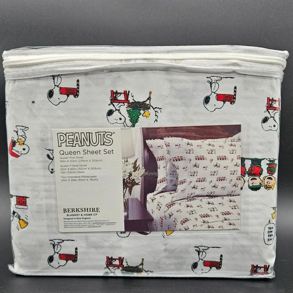 Berkshire Peanuts Snoopy‎ Woodstock Christmas Holiday Queen Sheet Set White New